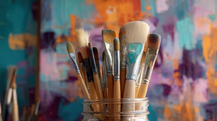 The collection of paintbrushes in a vibrant artist's studio setting.