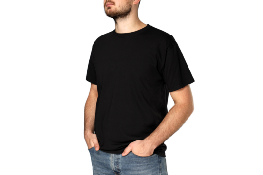 Man stands confidently in a black t-shirt, isolated on white, PNG