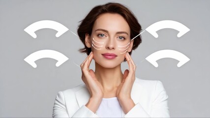 Professional skincare expert applying advanced facial lifting technique, drawing arrows on smooth complexion, revealing anti aging treatment against minimalist background