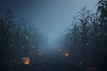 A moonlit cornfield maze with eerie carved pumpkins marking the path and faint silhouettes in the mist 
