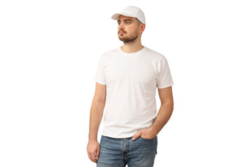 Model stands confidently in casual white, isolated on white, PNG