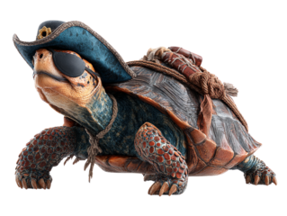 Turtle dressed in pirate outfit with tiny hat and eyepatch white background