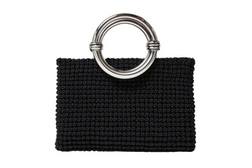Dark gray crochet handbag with a circular metal handle