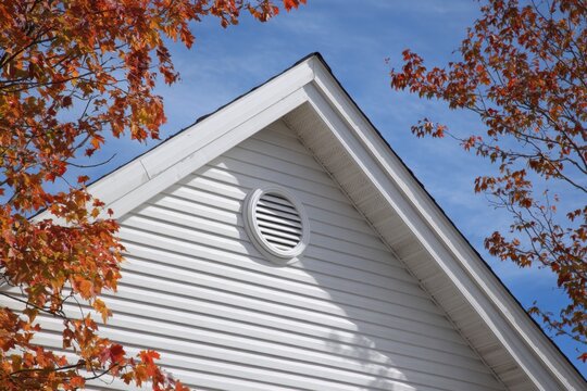Gable roof circular vent allowing air circulation on clear day. Ventilation of the house. Fascia and Ridge. Grey metal tiles roof. Siding house exterior. Outdoor air conditioning. Architectural Detail