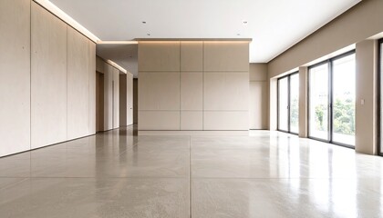 Obraz premium Modern Open Room with Polished Concrete Floor and Large Windows