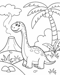 Children's coloring book featuring a dinosaur, volcano, and palm tree in a prehistoric landscape