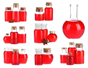 Compilation of Red Liquid Filled Glass Bottles with Corks in Transparent Background
