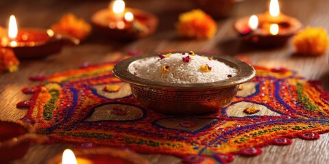The beautiful rice bowl set on a vibrant decorative table during a festive celebration.