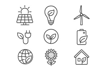 Green energy line icon set. Eco friendly, sustainability, environment concepts. Renewable energy symbols for web. Solar panel, wind turbine, eco lightbulb, green plug, battery.