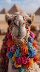 Close-up of a camel adorned with vibrant tassels and beads, set against the iconic backdrop of Egypt's pyramids.
