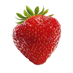 Close-up of a single, vibrant red strawberry.  Fresh, ripe fruit with tiny seeds.  Green leafy top.  Isolated against black background