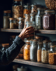 Person Reusing Glass Jars for Storage in Stylish and Organized Pantry Filled with Grains and Spices