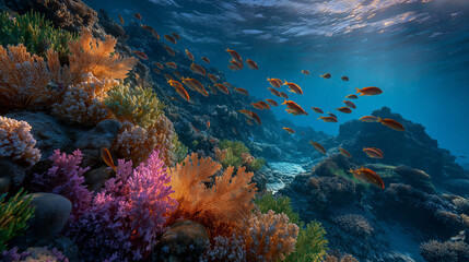 Underwater Paradise: The sun's rays dance upon vibrant coral reefs and a school of fish swim gracefully in an ocean wonderland.