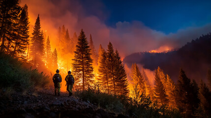 Fototapeta premium The Blaze Watch: Two figures observe a raging wildfire consuming a forest under a darkened sky, showcasing the raw power of nature. A scene of both devastation and resilience.