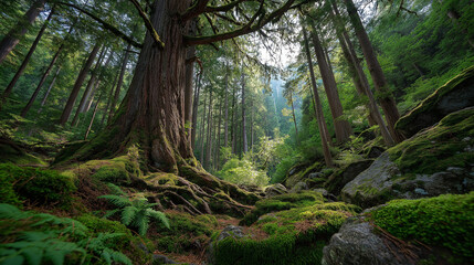 Obraz premium Ancient Forest Pathway: A majestic old-growth forest showcases an inviting trail with a canopy overhead, bathed in gentle sunlight and teeming with vibrant plant life.