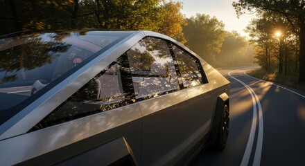 Obraz premium Futuristic Silver Car Driving on Curved Road Through Autumn Forest During Sunset