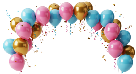 Pink gold and blue balloons arch with confetti festive celebration decoration