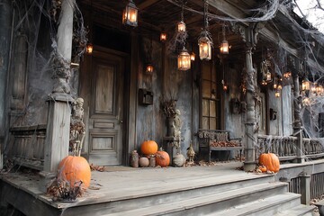 Naklejka premium A rickety wooden porch decorated with cobweb-covered lanterns, skeletal figures, and carved pumpkins 