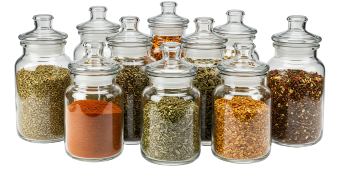 Glass jars with dried herbs and spices on transparent background