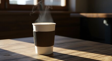 A steaming coffee cup rests on a sunlit wooden table, capturing the warmth and simplicity of a cozy caf&eacute; moment