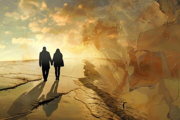 Photography 3D Collage Image Picture of Two People Wife Husband Walk Sand Seaside