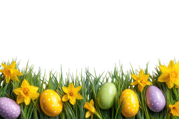 Easter eggs and daffodils in grass border