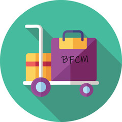 Material-design colourful icon of a cart casting long soft shadow, bag leaning on it, circular offer-level meter (high/medium/low), bold 'BFCM' text &mdash; front-on, rounded corners.
