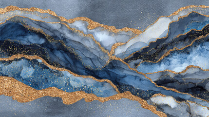 Luxurious abstract blue and gold alcohol ink background with glitter shimmer, fluid marble texture, and elegant artistic design