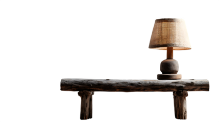 Small, unlit table lamp, rustic design, placed on the bench, isolated on Transparent background,