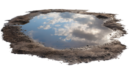 Small, still puddle reflecting a hint of blue sky, isolated on Transparent background,