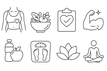 Healthy lifestyle line icon set. Fitness, wellness, nutrition and sport outline symbols. Healthy food, diet, yoga, meditation, gym and weight loss vector concepts.