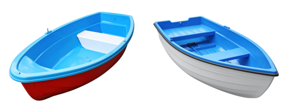 Two Colorful Plastic Boats Displayed Against A Clear Background Showcasing Details In Shades Of Blue White And Red Highlighting Maritime Elements