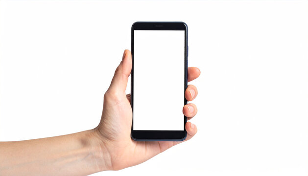 Hand holding a modern smartphone with a blank white screen, isolated on a white background