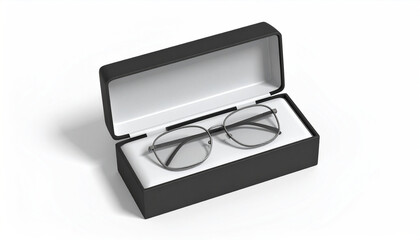 Elegant round eyeglasses resting inside a sleek black protective case, a concept of clear vision and eye care on a white isolated background