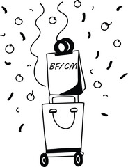 Playful doodle line-art, compact cart, smiling bag, three floating offer-level badges and confetti, tiny 'BF/CM' label — tilted top-down angle, organic stroke.