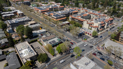 Aerial view of the downtown core of Menlo Park, California, USA.