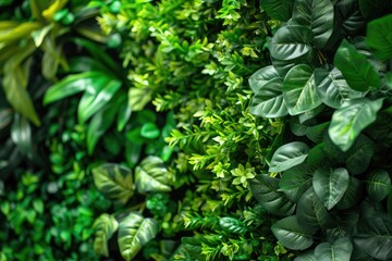 Detailed Picture of Green Wall with Fake Plants Growing Herbs