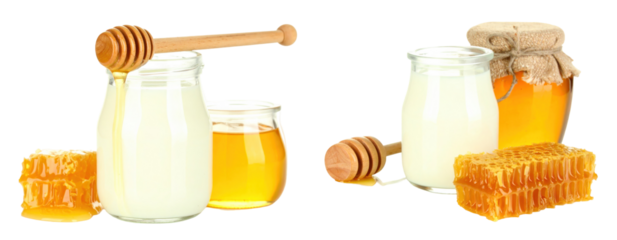 Close Up Of Yogurt And Honey In Glass Jars Featuring Honeycomb And Honey Dipper Isolated On A White Background