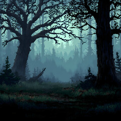 Haunting Pixel Art of Dark Trees in Foggy Forest Setting with Mysterious Atmosphere