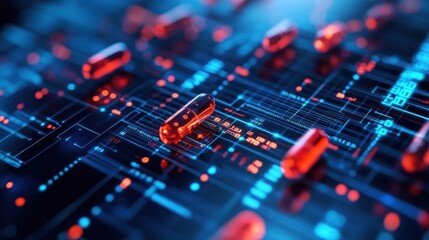 Futuristic Digital Medicine Pills on a High-tech Circuit Background