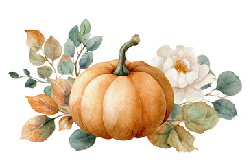 Watercolor pumpkin, autumnal floral arrangement