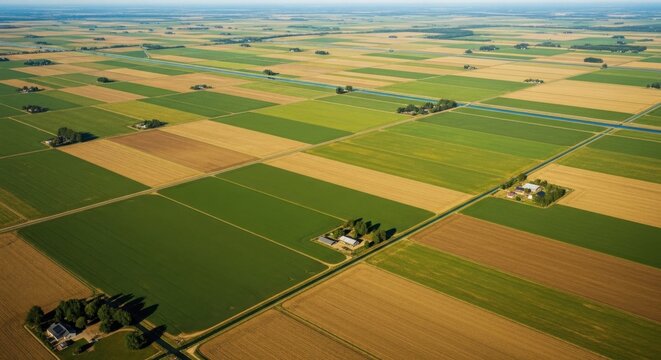 Aerial View of Colorful Agricultural Fields in Rural Landscape with Small Farmhouses