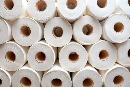 Close up textured background of many soft toilet paper rolls stacked together