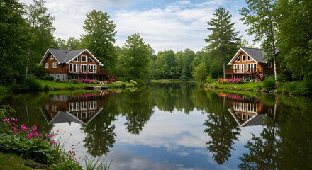 Idyllic lake houses surrounded by lush green trees offer a tranquil escape and stunning reflections