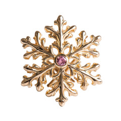 Detailed gold snowflake pin with a pink gemstone