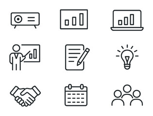 Client Presentation Icons. Outline icon set of client presentations: projector, charts, laptop, pointer, notes