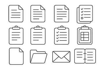 Document thin line icon set. Office and business signs. Vector pictograms for web, apps. Clipboard, checklist, report, folder, mail, file symbols for user interface.