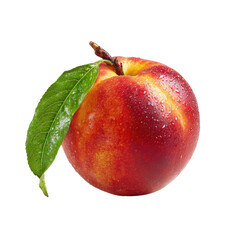 Close-up of a fresh, ripe peach with a leaf.  A round, vibrant peach, showcasing a gradient of red and yellow-orange tones across its skin.  Visible water droplets suggest freshness.  