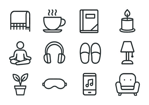 Calming Evening Icons. Outline icon set of calming evening routines: warm blanket, tea cup, journal, candle,