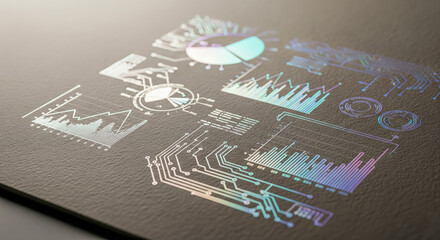 Holographic data visualization with glowing charts on dark surface. Financial analytics and business intelligence report with iridescent diagrams. Abstract technology and statistics concept